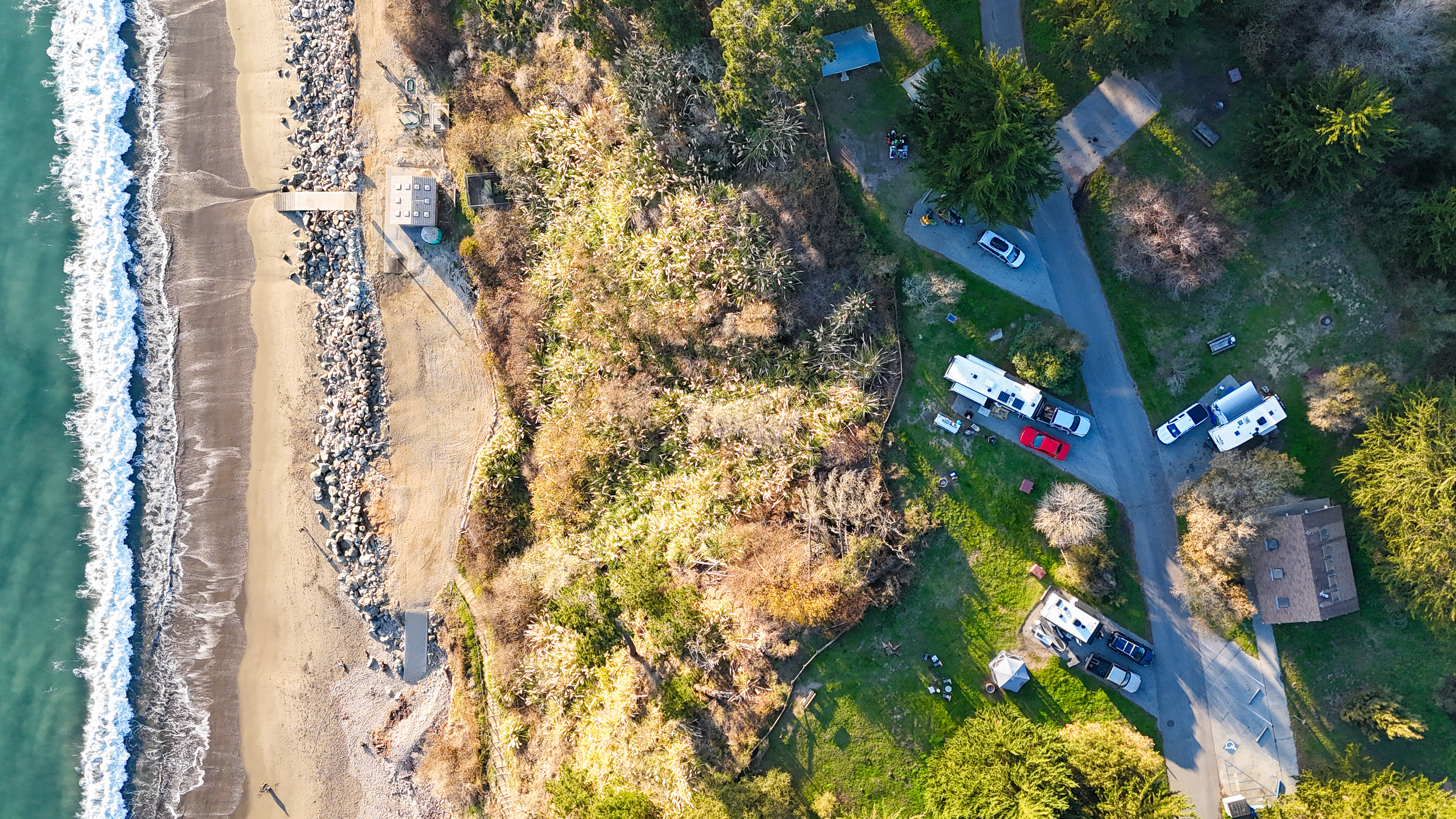 Aerial view of New Brighton State Beach campground along the Monterey Bay coastline