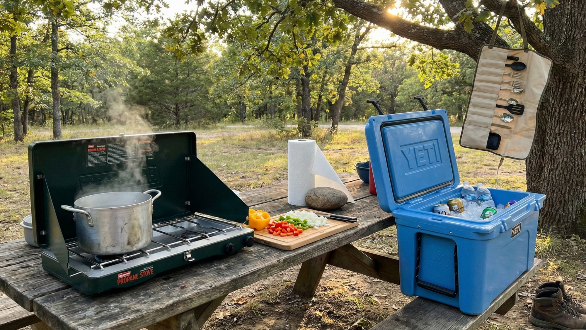 Organized camp kitchen setup on a picnic table with a two-burner stove, cooler, and cooking supplies in a forest campground Organized camp kitchen setup on a picnic table with a two-burner stove, cooler, and cooking supplies in a forest campground