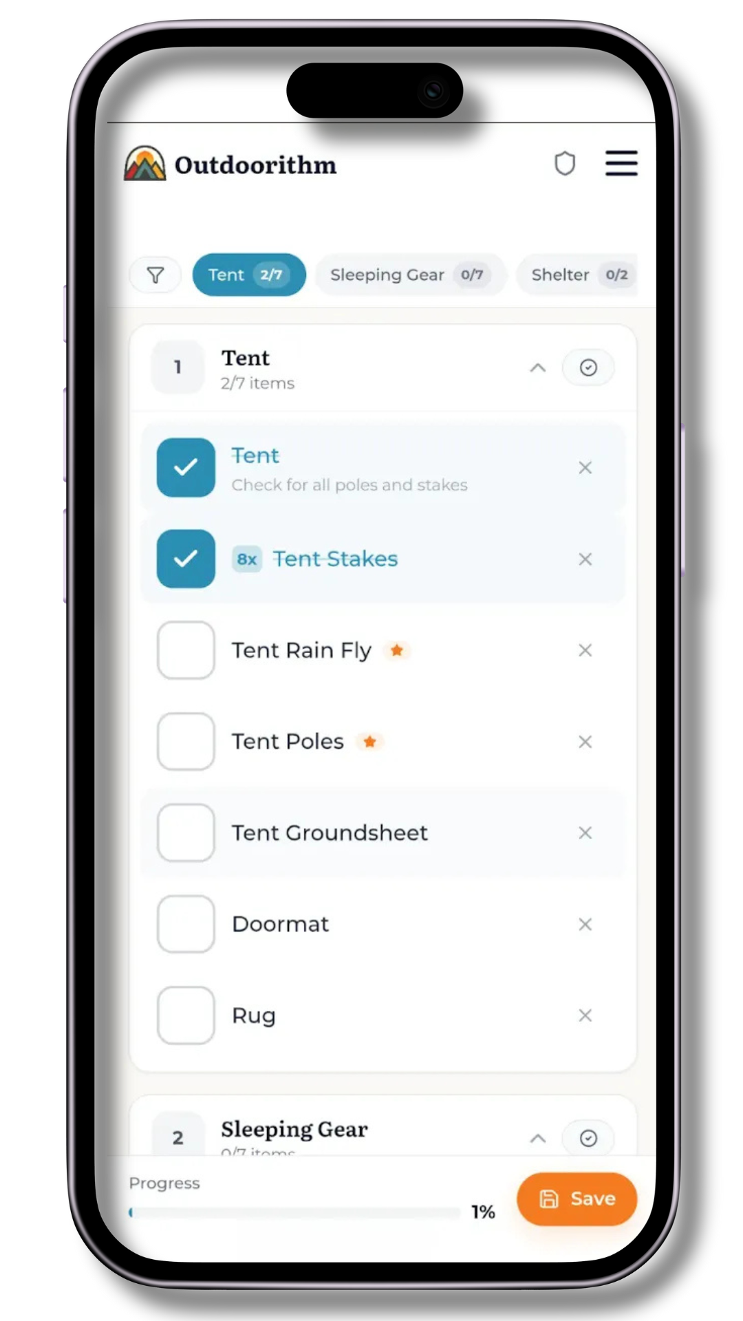Outdoorithm camping packing list tool displayed on a smartphone