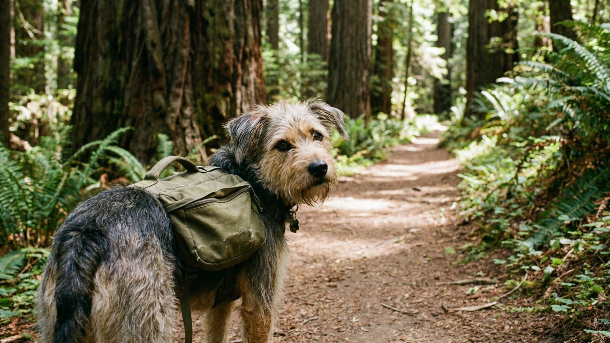 Dog hiking on a trail with their owner