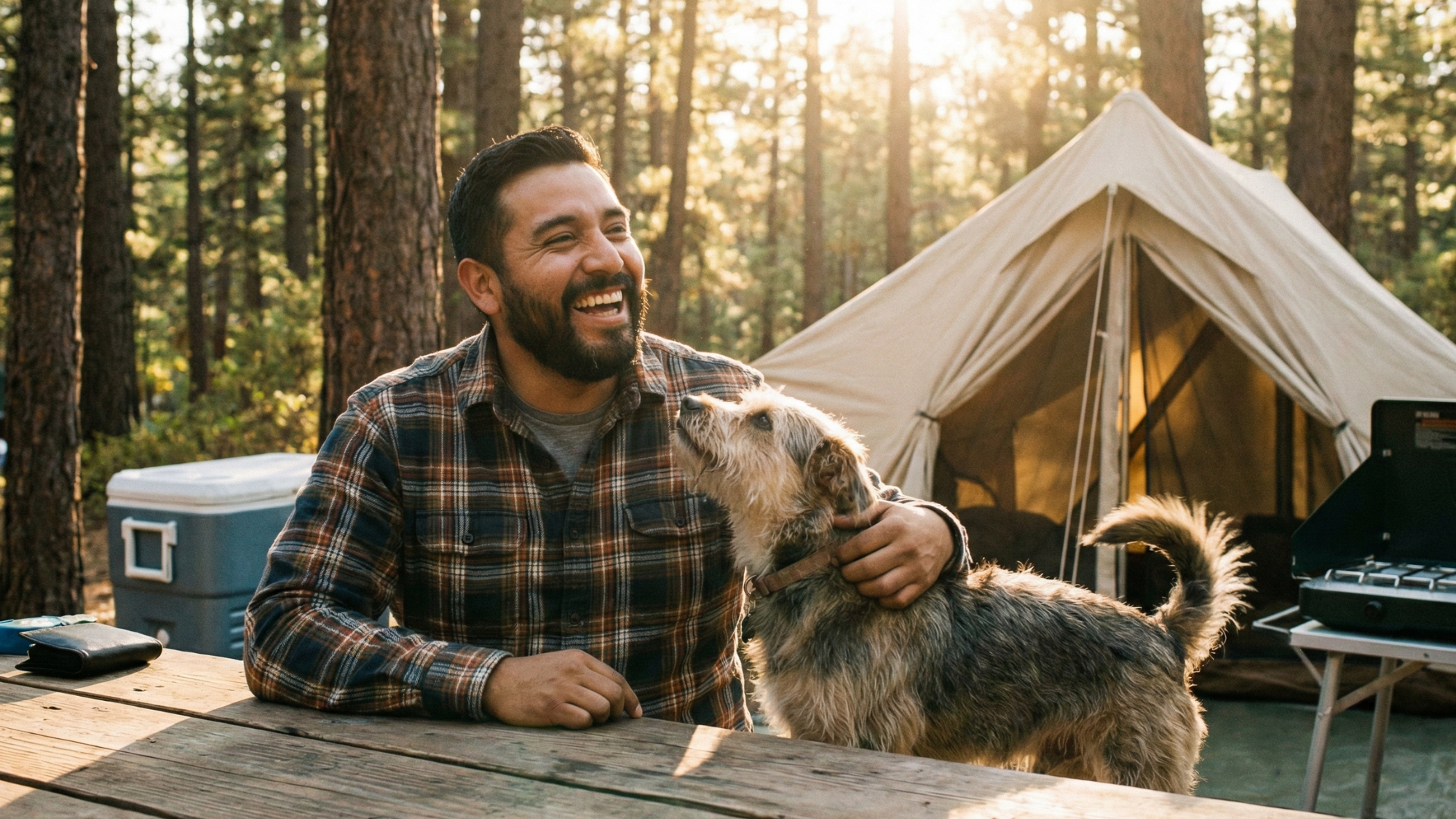 Dog owner relaxing with their dog at a campsite