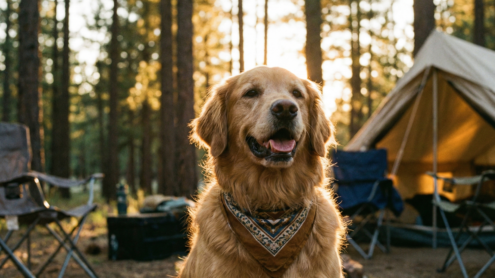 Golden retriever at a campsite surrounded by camping gear
