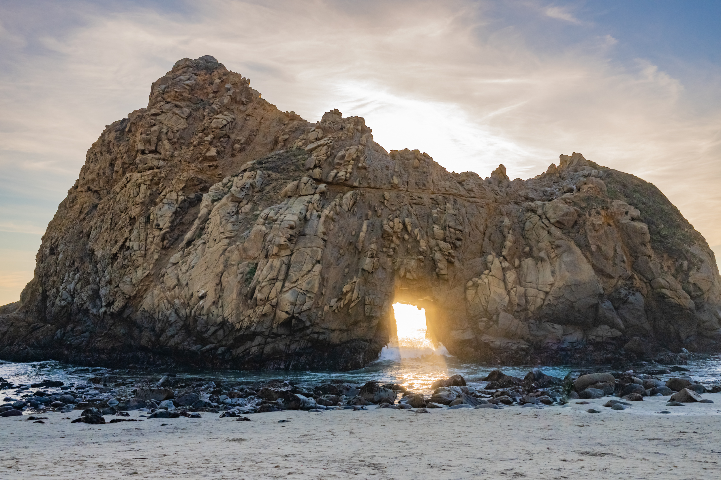 Pfeiffer Beach in Big Sur California with dramatic rock formations and crashing waves