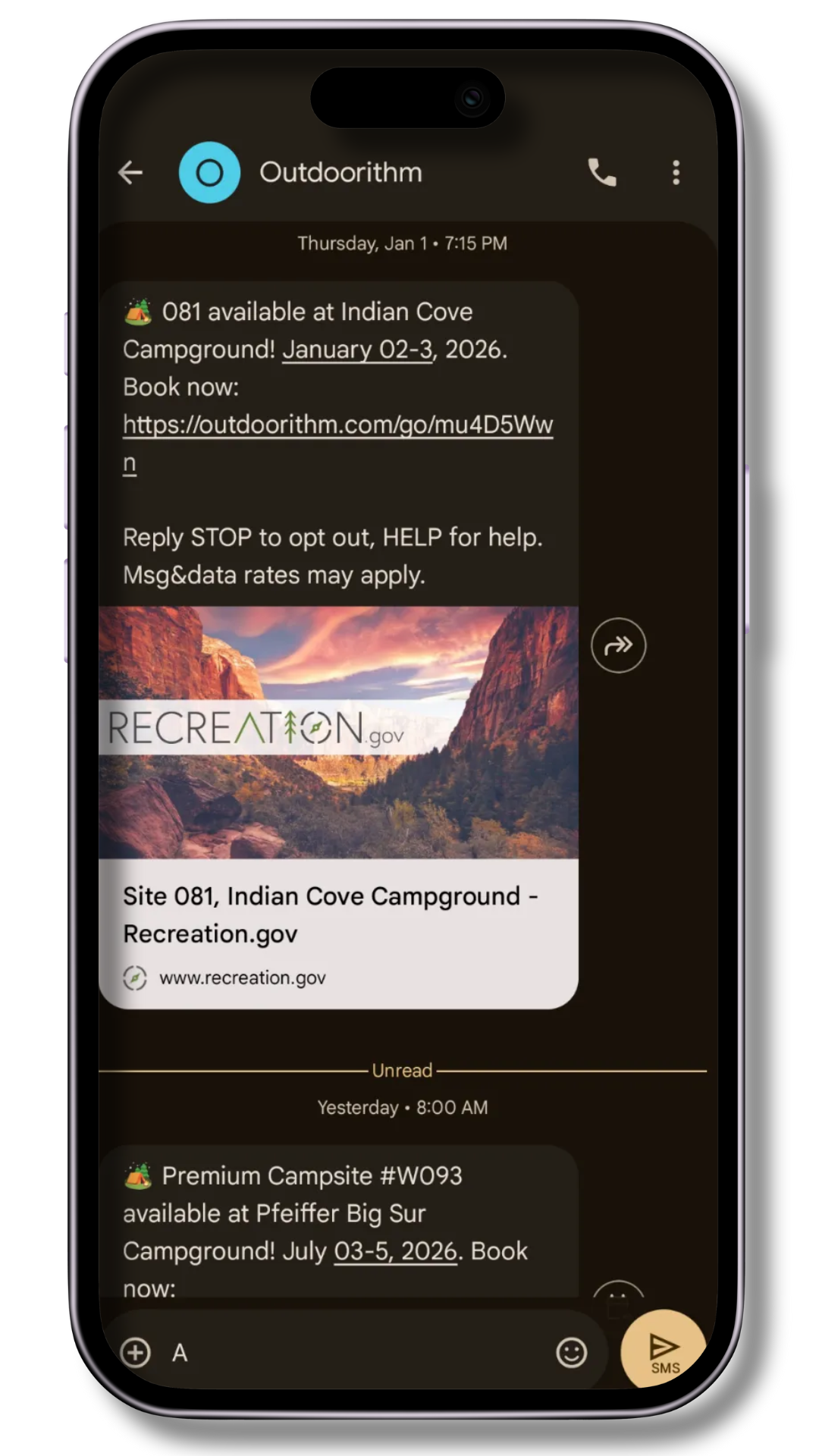 Outdoorithm campsite alert notification on a mobile phone