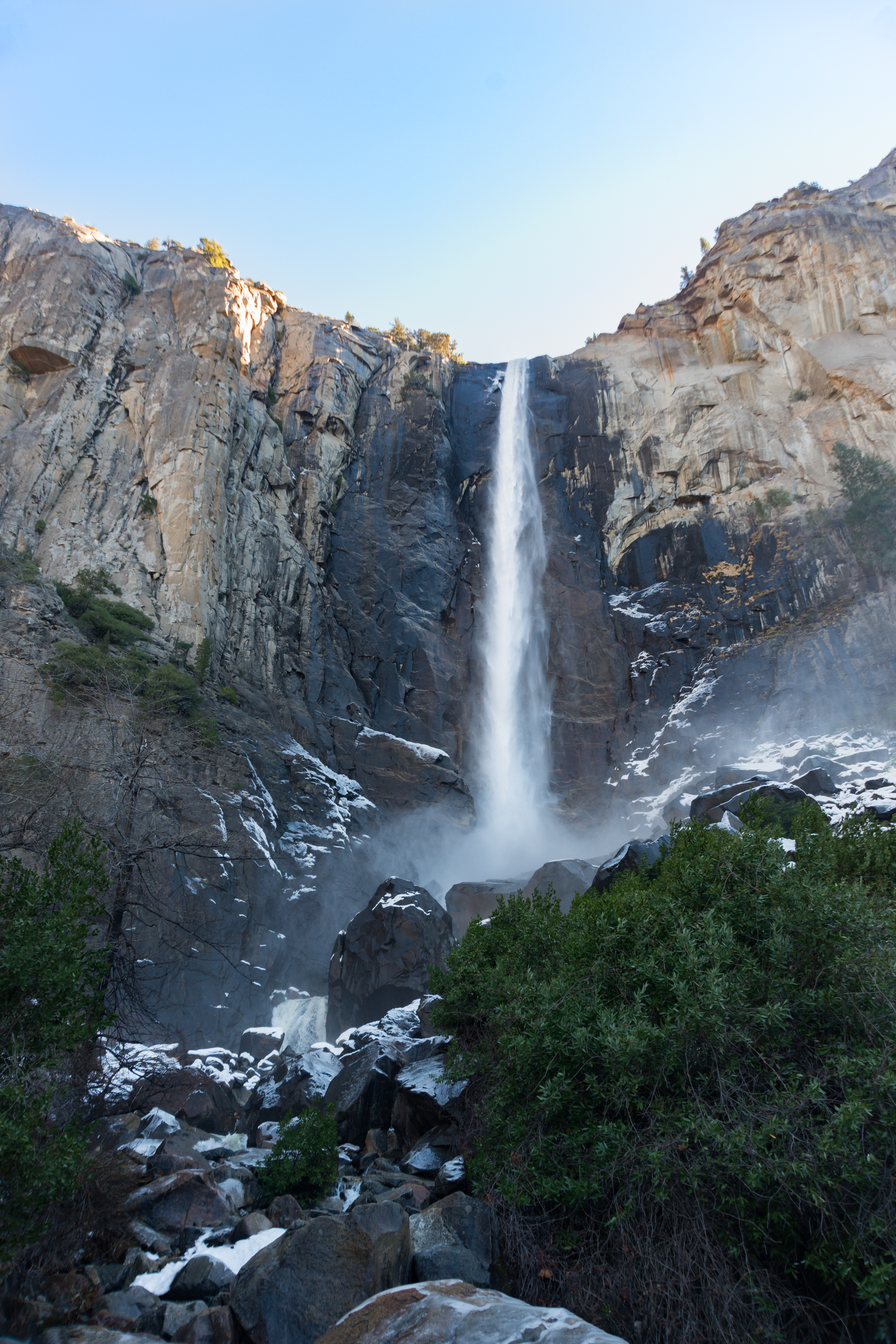 Bridalveil Fall in winter with snow and ice at the base, Yosemite National Park. Bridalveil Fall in winter with snow and ice at the base, Yosemite National Park.