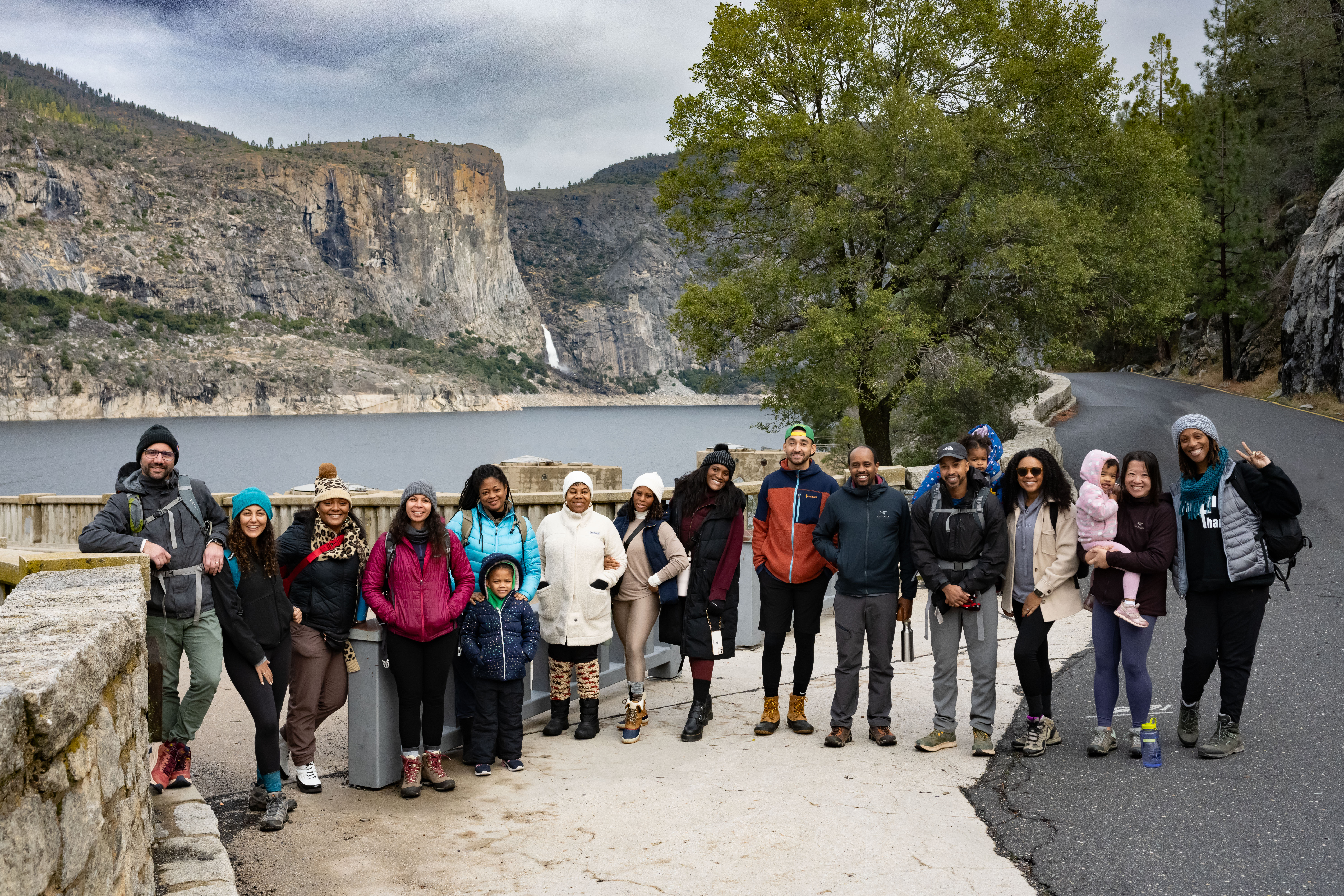 Steele family and friends group photo at the Hetch Hetchy reservoir dam in winter, Yosemite National Park. Steele family and friends group photo at the Hetch Hetchy reservoir dam in winter, Yosemite National Park.