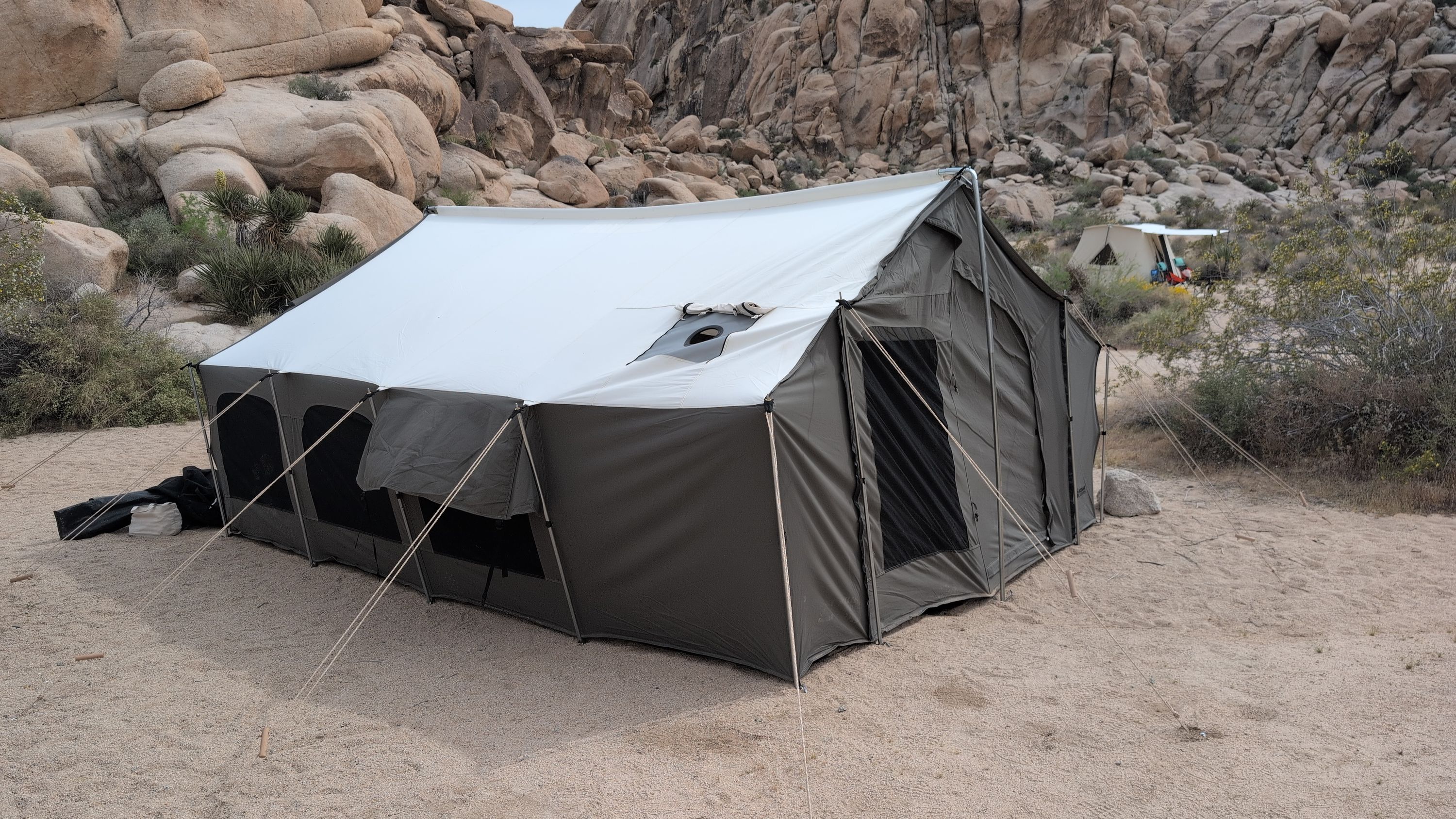 Photo of fully assembled Kodiak Canvas Cabin tent at Joshua Tree group campsite