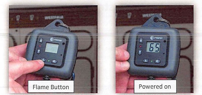 Close-up of thermostat showing Flame button and powered-on display reading temperature