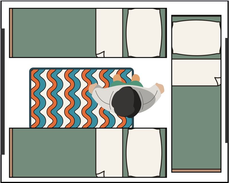 Diagram of 10x14 (XL) tent layout with 4 cots, rug, and chair