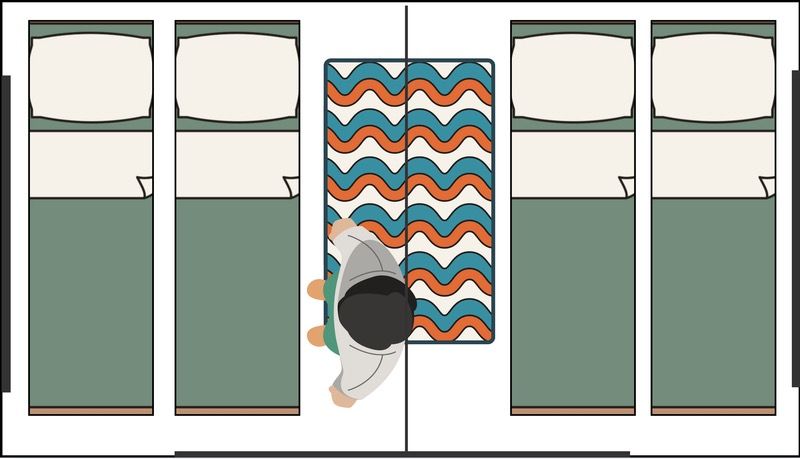 Diagram of 10x14 (XL) tent layout with 4 sleeping bags, rug, and heater