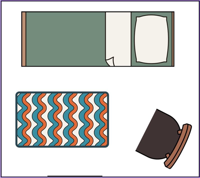 Diagram of 9x8 (M) tent layout with 1 cot, rug, and chair