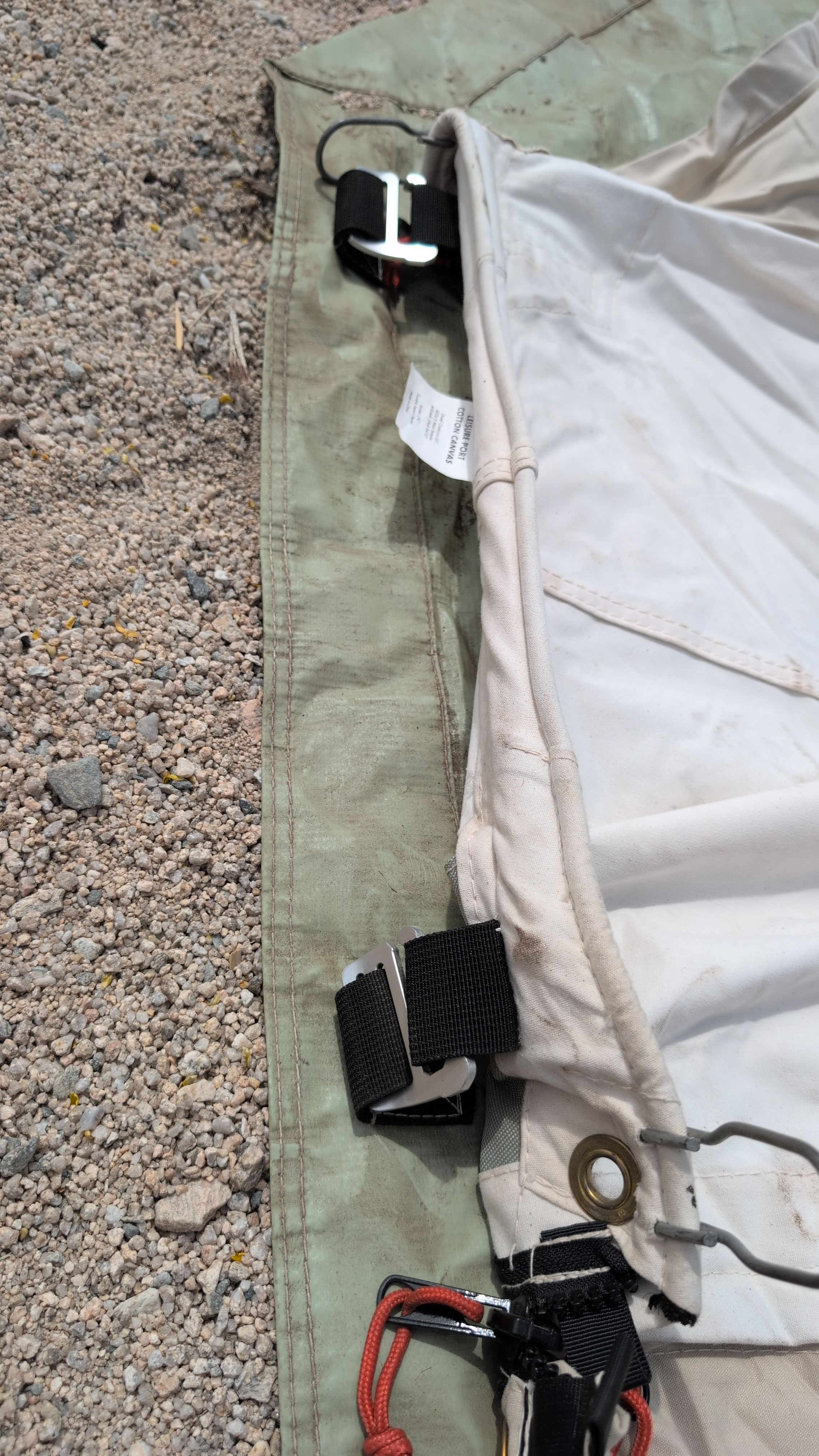 Close-up of ground hook attached to webbing loop