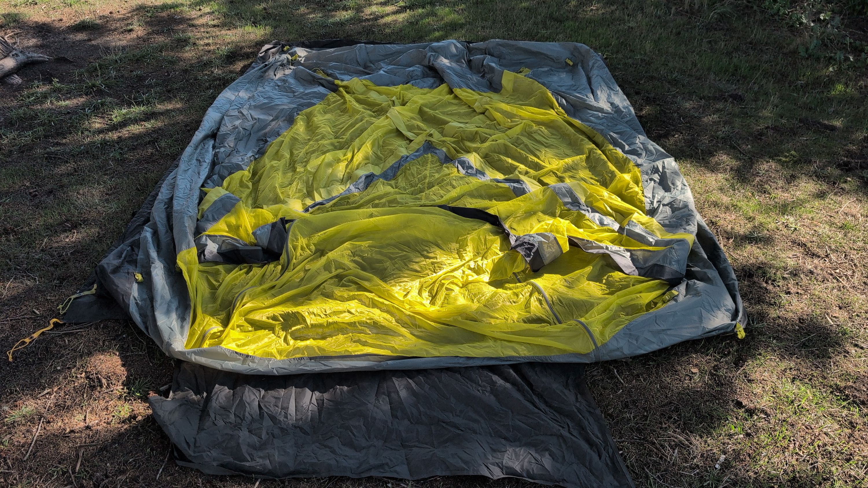Photo of tent body spread flat showing both doors