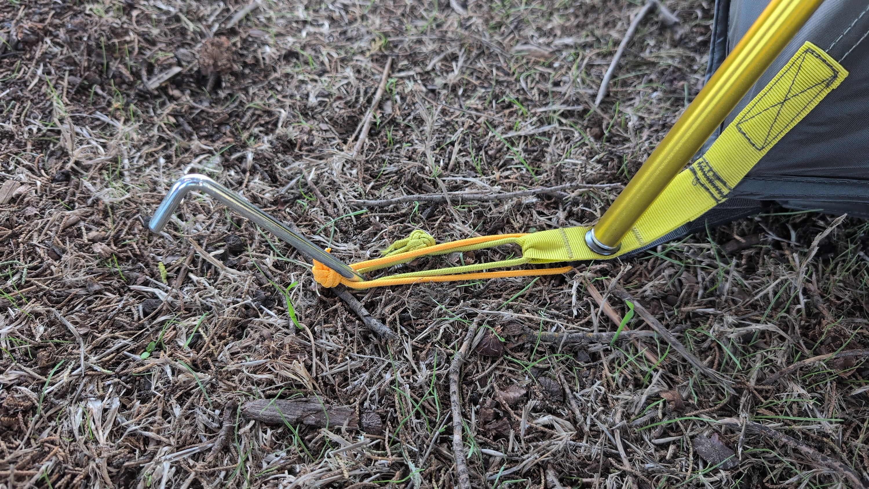 Photo of stake set at 45 degrees on tent corner