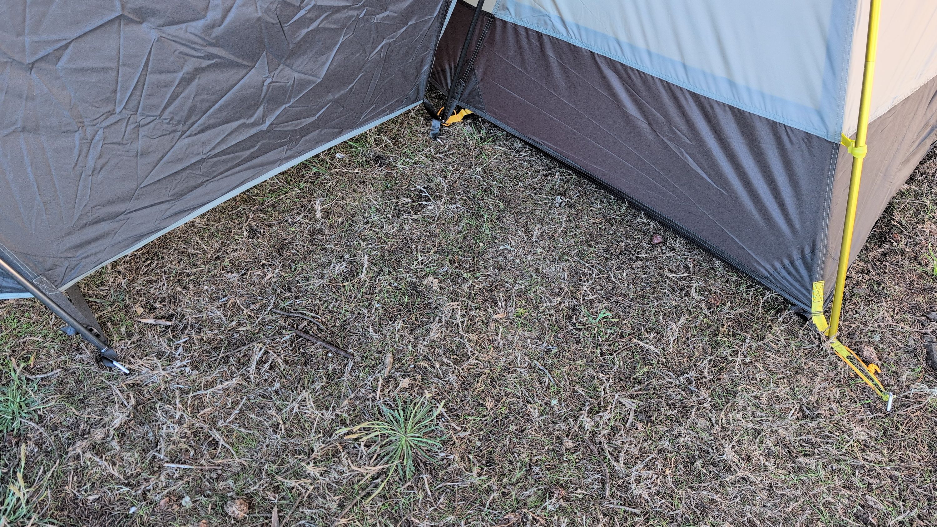 Photo showing all staked grommet points around tent